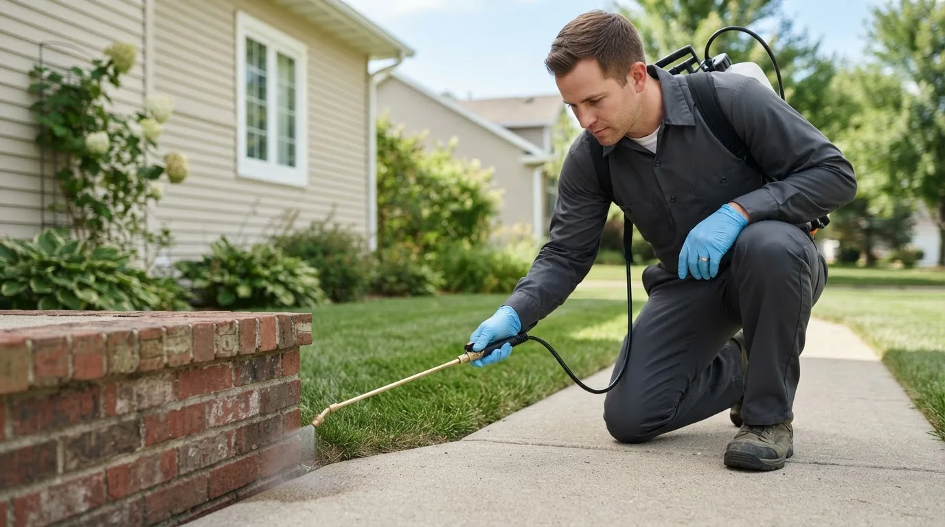 Pest control technician treating a home near Kingston, OK
